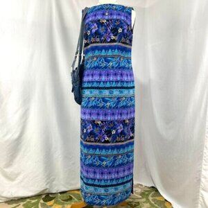 KATHIE LEE 90s Purple Blue Tropical Hawaiian Print‎ Maxi Dress Womens M Vacation